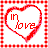 Static pixel art icon featuring a red heart outline with "in love" text inside, framed by a red and white checkered border on a transparent background.