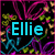 Pixelated icon with cyan text 'Ellie' centered on black background, surrounded by abstract pink and green floral patterns.