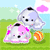 Pixelated cartoon dog and cat with pink accents interact with an orange striped ball on a grassy field under a blue sky with pink clouds.