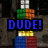 Pixelated of colored blocks with text overlays changing : 'DUDE!' blue, 'Solved' red, 'Them!!' purple