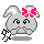 A 4-frame pixel art animation of a gray bunny mascot with pink cheeks, green accents, and a large pink bow on its head, showing different mouth expressions across frames.