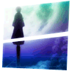 Silhouette of a figure standing against a moonlit sky with greenish clouds, transitioning to a scene where the figure's lower body becomes a sword and then a winged shape.