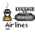 Pixel art of a character in yellow and black attire with a hat, standing next to a luggage cart under the text 'MUGGAGE' and below 'Airlines'.