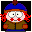 Pixelated cartoon character with red hair, blue hat, brown jacket, and red star marks on cheeks in nine