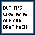 nine identical pixelated text with blue borders, each displaying "BUT IT'S LIKE WE'RE OUR OWN BRAT PACK" in black and colored letters