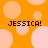Orange background with light pink circles; four instances of 'JESSICA!' text in dark brown pixelated font.