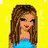 Pixelated cartoon woman with long brown hair in blue crop top and skirt, yellow background with repeated name text and two blue hearts.