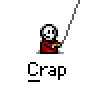 Animated sequence showing a cartoon character with a skull face and red clothing performing actions with a yellow sword against a gray background, with 'Crap' text below.