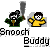 Pixel art buddy icons show two characters: one holding a large gray club, the other in a yellow outfit with a skull face, both with white eyes and black hair on a gray background.
