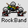 Four-frame pixel art animation of a rock band buddy icon showing three musicians with instruments in different poses across frames.