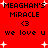 Red background with black text 'MEAGHAN'S MIRACLE' and '<3 we love u' repeated, white star shapes scattered throughout, some stars have four arms, others have eight arms, text and stars arranged in two vertical