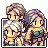 Pixel art illustration of three characters in a group portrait, framed by a dark border on gray background.