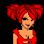 Pixel art featuring a red-haired woman in a red top, a partial torso with checkered shorts, and flames with a heart-shaped pattern above them.