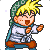 A 7-frame pixel art animation contact sheet showing a cartoon character with spiky yellow hair, green headscarf, white karate gi, and brown belt performing martial arts movements against a gray background.
