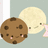 Pixelated cartoon-style icon featuring a smiling chocolate chip cookie and a cream-colored character with closed eyes, both rendered in soft pastel tones against a light gray background.