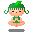 Pixelated character with green hair and outfit sits cross-legged, displaying three distinct facial expressions