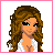Pixel art showing a female character with long brown hair in white and pink outfit, with text labels 'beauty' and 'brunette' in pink
