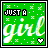 A 4-frame animated contact sheet of a green buddy icon with "JUST A girl" text, pixelated heart symbols, and scattered white dots on a green background.