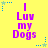 Yellow background with purple text reading "I Luv my Dogs" in a pattern, surrounded by blue and light blue star-shaped pixel clusters
