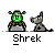 Animated contact sheet of 12 Shrek and Donkey pixel art frames with text bubbles, character poses, and background variations on gray transparency.