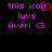Pixelated text in pink and red on black background with a heart symbol replacing the 'o' in 'icon'.