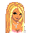 Pixel art contact sheet of a blonde female character in various poses and outfits with pink text elements, displayed on a white background with gray transparency indicator.