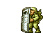 Pixel art animation of a soldier in green uniform holding a shield and swinging a curved blade through multiple poses.