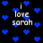 Black background with scattered blue pixelated hearts and repeated white text 'i love sarah' in a retro digital style.