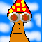 Pixelated cartoon character with red and yellow polka-dot hat, large round glasses, and orange body against blue sky background with white clouds.