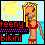 Pixelated static icon of a cartoon woman in a red bikini standing on a beach with text elements below her.