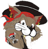 Animated sequence of a cartoon cat with pirate accessories transitioning to a skull face, wearing red bandana and black hat.