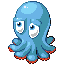 Pixelated blue octopus with large white eyes, gray pupils, and red-tipped tentacles against a solid light gray background.