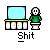 Pixel art animation of a character in green shirt at a counter with toilet, showing sequence from standing to sitting and interacting with screen.