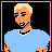 A 4x4 contact sheet of animated frames showing a pixel art character with blonde hair and blue shirt alongside text variations, all on black backgrounds with pink borders.
