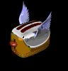 Animated toaster with brown base and silver top ejects light blue winged object in sequential motion frames.