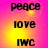 four identical showing text 'peace', 'love', 'IWC' on a pink and yellow gradient background with pixelated text