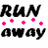 Animated contact sheet showing three variations of a 'RUN away' text icon with colored star-like particles in pink, green, and orange across frames.