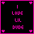 A 48x48 pixel animated buddy icon with a black background, pink border, and four small pink heart symbols at the corners, displaying text "I LOVE LIL DUDE" in bright pink pixelated font across two frames where the hearts change position.
