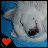 Pixelated white dog with closed eyes on blue background, red heart symbol in bottom-left corner.
