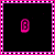 nine black squares with pink borders, each containing distinct pink pixel art elements including letters, a heart, and floral shapes
