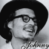Black-and-white image showing three distinct poses of a person wearing a wide-brimmed hat and eyeglasses with text reading 'Johnny' in script font