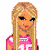Pixelated cartoon character with blonde hair wearing pink crop top and colorful floral bell-bottom jeans, shown in a contact sheet of three frames with visible animation changes.