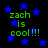 Green text 'zach is cool!!!' repeated four times on a black background with blue stars, static display.