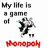 Pixelated text and character icon with red 'Monopoly' text at bottom, featuring a dancing figure in black-and-white tones.
