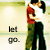 Pixelated static image of two figures embracing with text "let go" on left side, set against light gradient background.