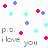 Pixelated icon with scattered red and blue flower shapes, two instances of 'P.S. I love you' text in gray, and a white background.