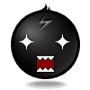 Black spherical icon with white star eyes, red jagged mouth, and gray lightning bolt on top; two identical frames show no visible animation changes.