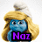 Pixelated Smurf characters with purple text overlays on a white background, showing partial and full views of the figures.