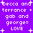 Pixelated text on purple background with white stars, repeating 'becca and terrance + gab and george= LOVE' in four identical sections.