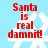 Red text reads "Santa is real damnit!" over white snowflakes on a light blue background with four distinct snowflake arrangements.